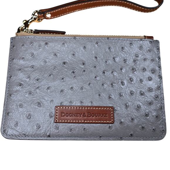New with Tag Dooney & Bourke Flat Ostrich Leather Wristlet 8 x 5 3/4 Gray Brown - Picture 1 of 10
